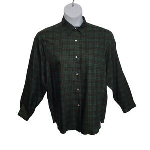 NEW Mariano Rubinacci green tartan plaid‎ silk button up blouse top 44/XL
